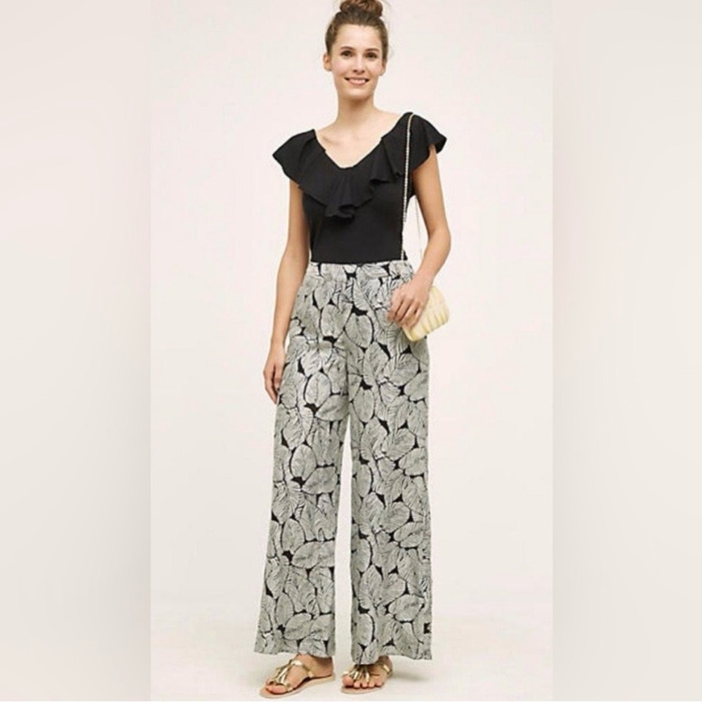Anthropologie Elevenses Native Palm Black White Wide Leg Pants Size M